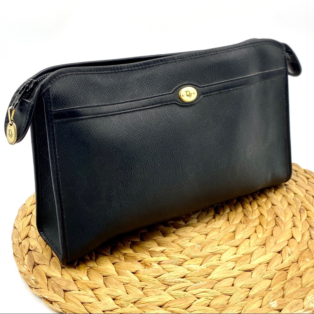 DIOR BLACK HONEYCOMB MONOGRAM LOGO ZIP LARGE CLUTCH POUCH BAG VINTAGE